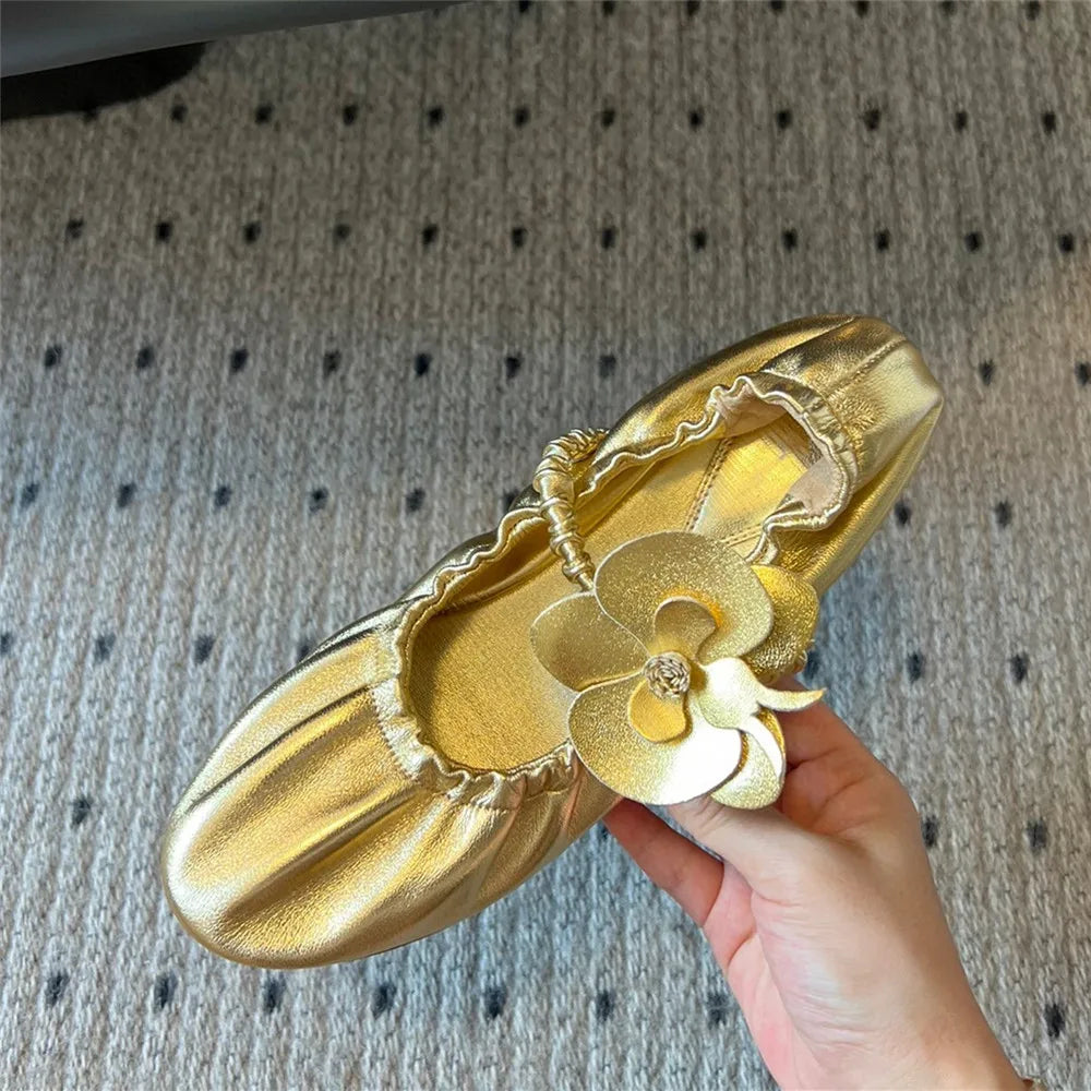 Round Toe Flower Sandals Flat Mary Janes Elastic Band Ballet Shoes Slip on Wrinkles Summer Dress Shoes