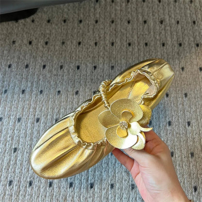 Round Toe Flower Sandals Flat Mary Janes Elastic Band Ballet Shoes Slip on Wrinkles Summer Dress Shoes