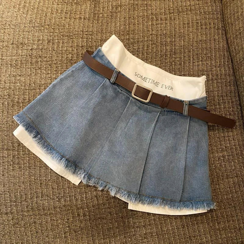 High Waist Denim Skirts Summer Korean Patchwork Mini Skirts Female Tassels Jeans Skirts