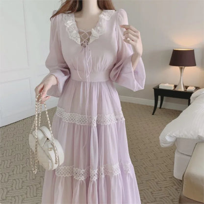 French Fairy Midi Dresses for Lantern Sleeve High Waist V-neck A-line Princess Party Dress Female Vestidos