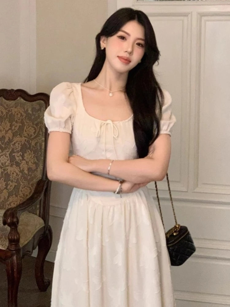 Midi Dresses for Summer New Puff Sleeve Square Collar A-line Birthday Party Dress Korean One Piece Vestido