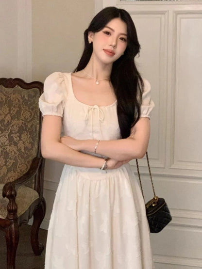 Midi Dresses for Summer New Puff Sleeve Square Collar A-line Birthday Party Dress Korean One Piece Vestido