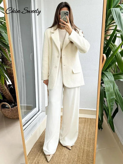 White Mohair Blazer Coat Loose Lapel Single-breasted Long Sleeve Thick Warm Jackets New Office Lady Street Outerwear