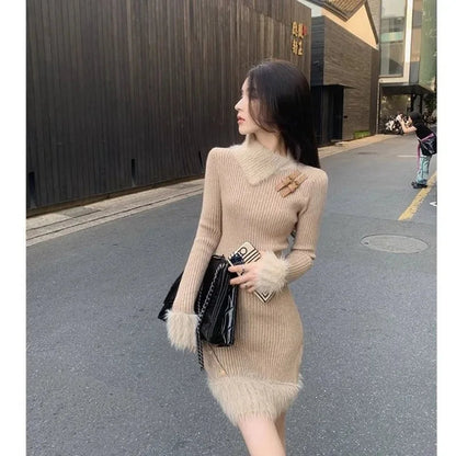 Knitted Dresses Autumn Winter Furry Patchwork Slim Stretch Sweater Dress Basic Long Sleeve Female