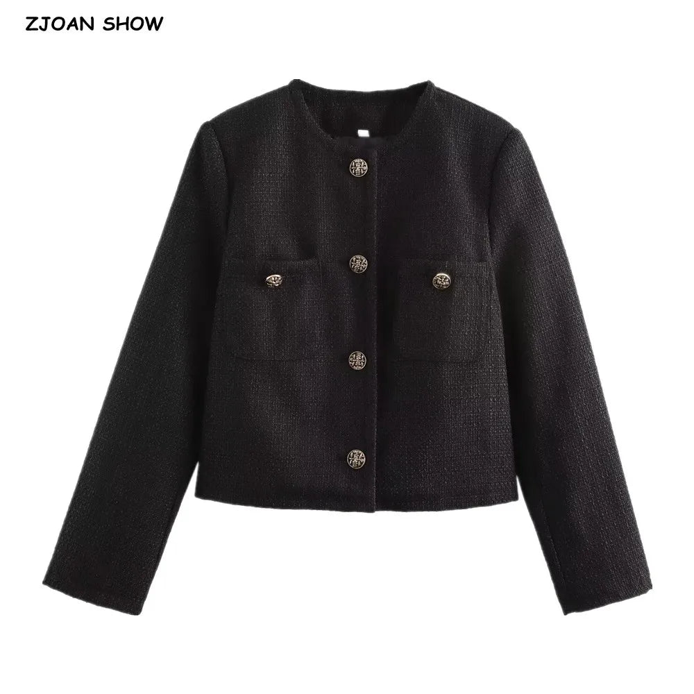 Autumn O Neck Soft Woolen Black Tweed Coat Cropped Front Pocket Single-breated Buttons Short Blazer Jacket