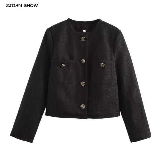 Autumn O Neck Soft Woolen Black Tweed Coat Cropped Front Pocket Single-breated Buttons Short Blazer Jacket