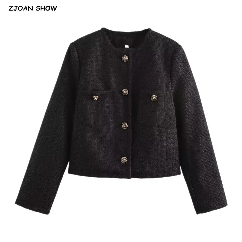Autumn O Neck Soft Woolen Black Tweed Coat Cropped Front Pocket Single-breated Buttons Short Blazer Jacket