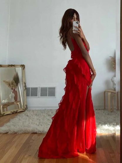 Ruffle Backless Maxi Dress New Vneck Sleeveless Suspender Slit Long Dresses Evening Party Dress