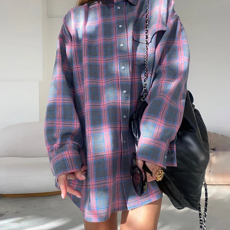 Single Breasted Lapel Shirts Spring Plaid Print Loose Office Blouses New Autumn Long Sleeve Long Top Jacket