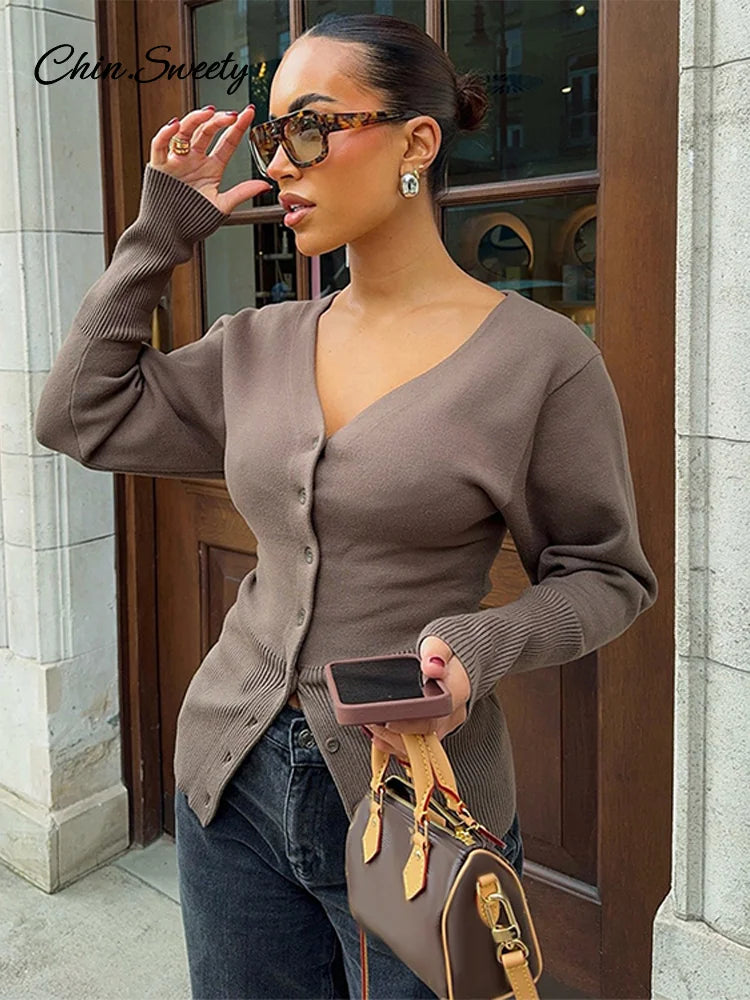 Knit Cardigans V-neck Long Sleeve Slim Button Sweater Female Autumn Winter Lady Knitwear New