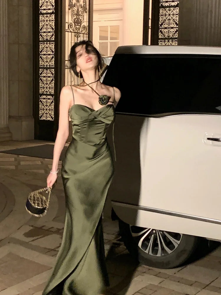 Summer Spaghetti Strap Evening Party Prom Club New Backless Split Satin Long Dresses Female Vestidos