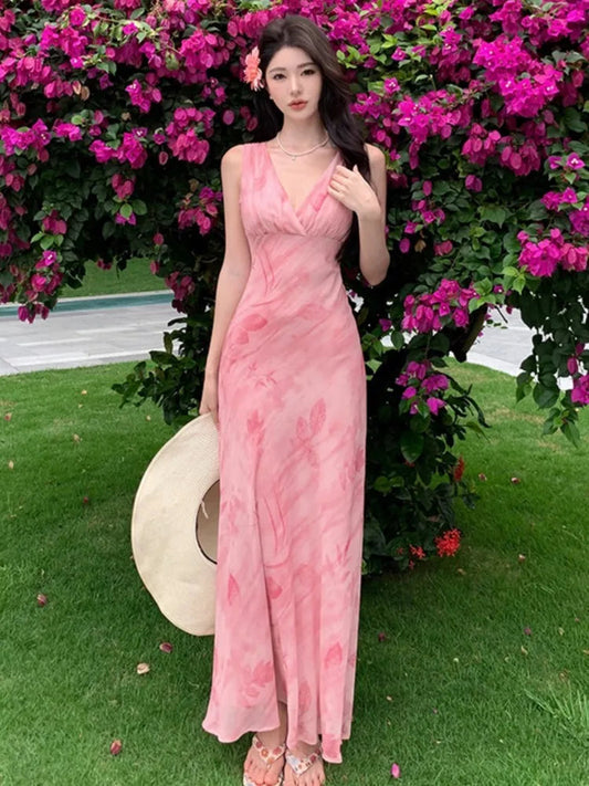 Print Long Dresses Vneck Sleeveless Bodycon Evening Party Dress New Slim Waist Vestidos Mujer New Robe
