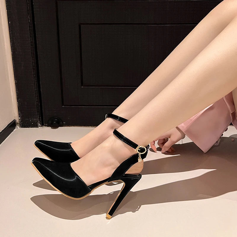 Summer Pu Leather Ankle Strap Buckle Stiletto Pumps Slingback Pointed Toe High Heels Sandals Shoes Large Size 3350