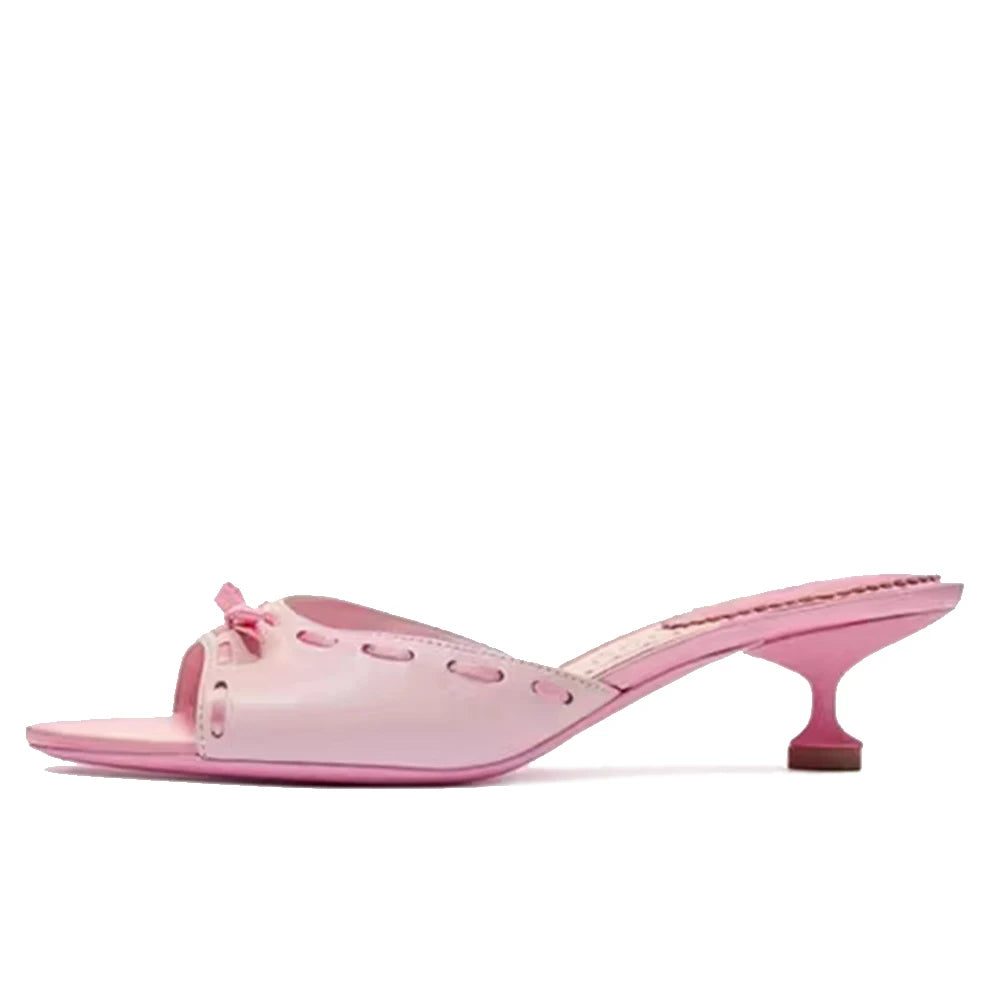 Peep Toe Bow Pink Mules Sweet Round Toe Low Heels Slipon Flower Heart Printed Slippers Summer Rubber Shoes