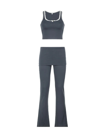 Patchwork Lace Trim Y2k Two Piece Sets Sleeveless Square Collar Skinny Crop Top and Flared Pants Tracksuits