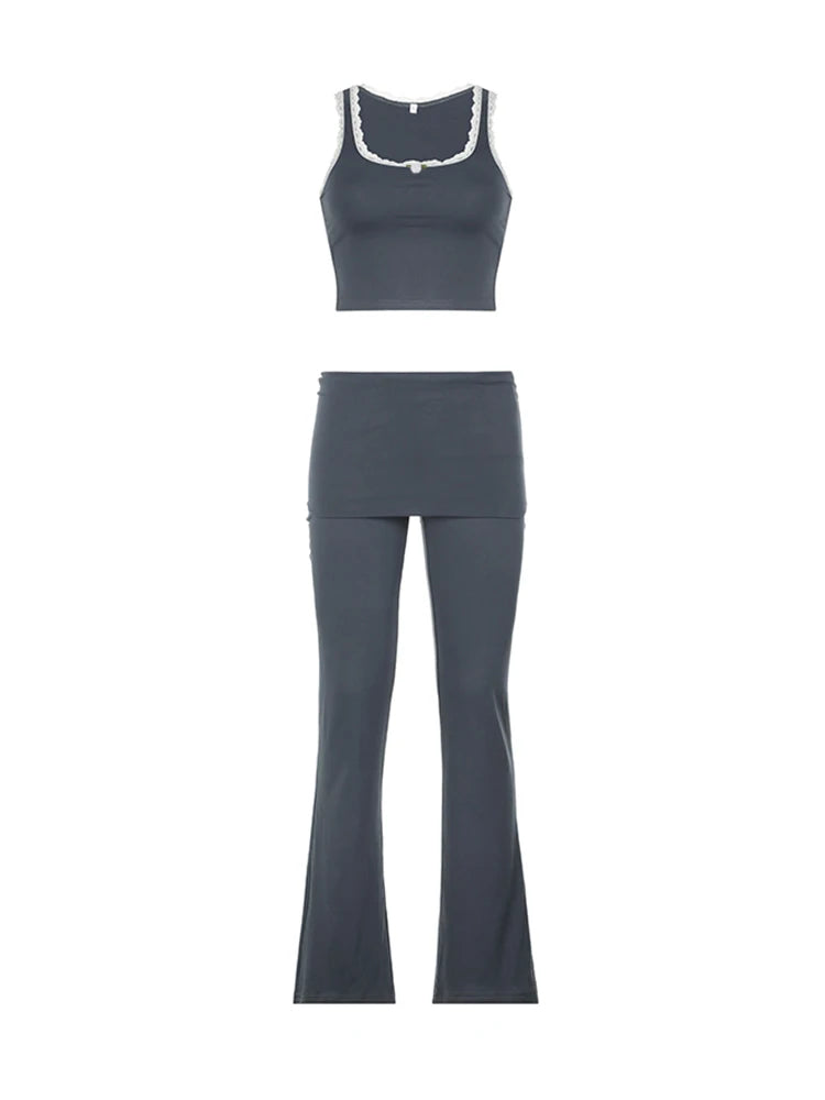 Patchwork Lace Trim Y2k Two Piece Sets Sleeveless Square Collar Skinny Crop Top and Flared Pants Tracksuits