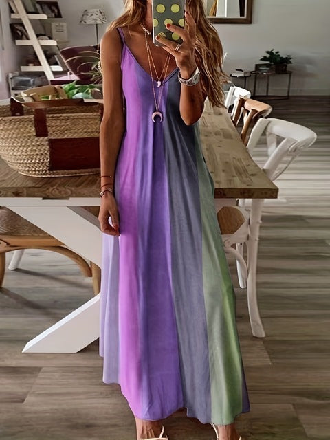 Color Gradient Print Spaghetti Strap Dresses Summer V-neck Beach Vacation Style Long Dress Female A-line Vestidos