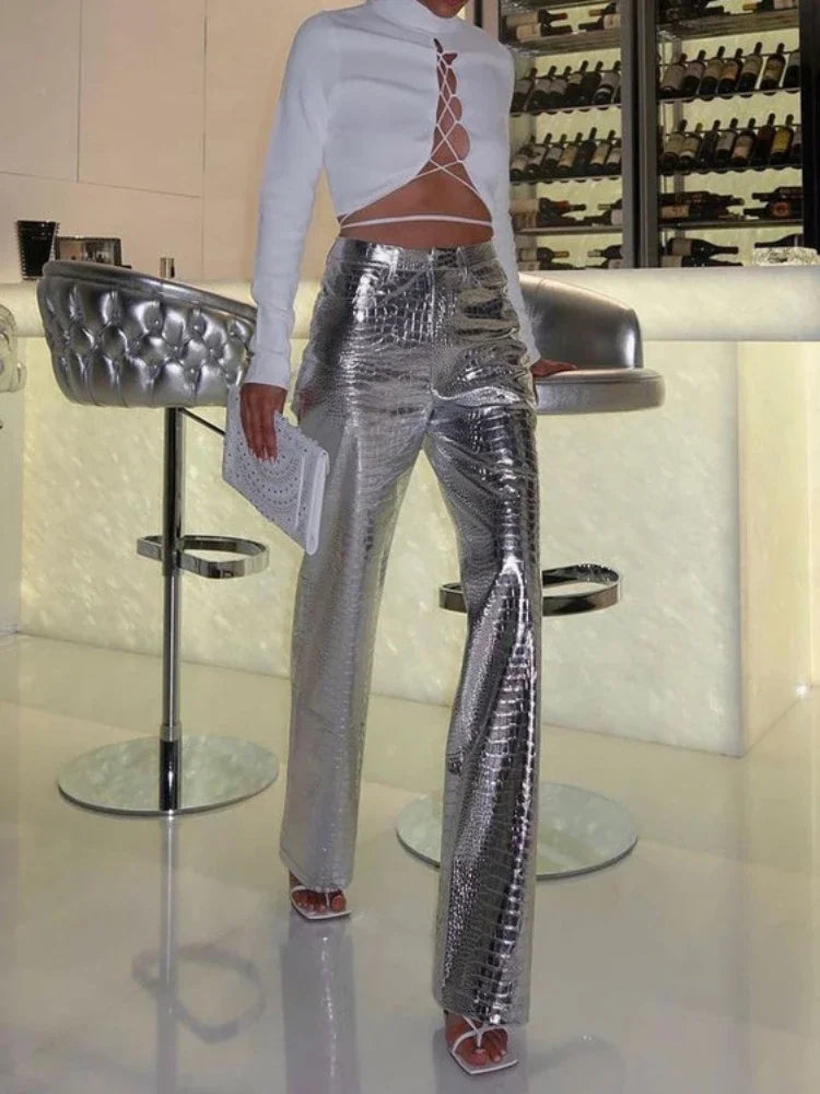 Silver Pu Pants Autumn Winter High Waist Loose Straight Trousers Party Y2k Girl Pants Trousers