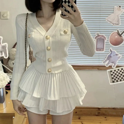 Autumn Korean Knitted Two-piece Skirt Set Single Breasted V-neck Sweater Mini Ruffles Skirt Y2k New Outfits