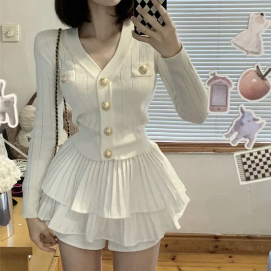 Autumn Korean Knitted Two-piece Skirt Set Single Breasted V-neck Sweater Mini Ruffles Skirt Y2k New Outfits