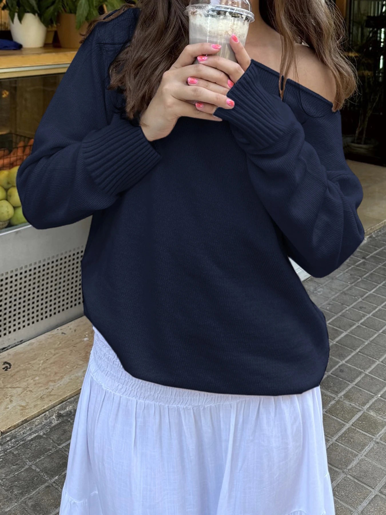 Dark Blue Minimalist Style Autumn Winter Sweaters White Simple Basic Loose Knitted Pullover Jumpers