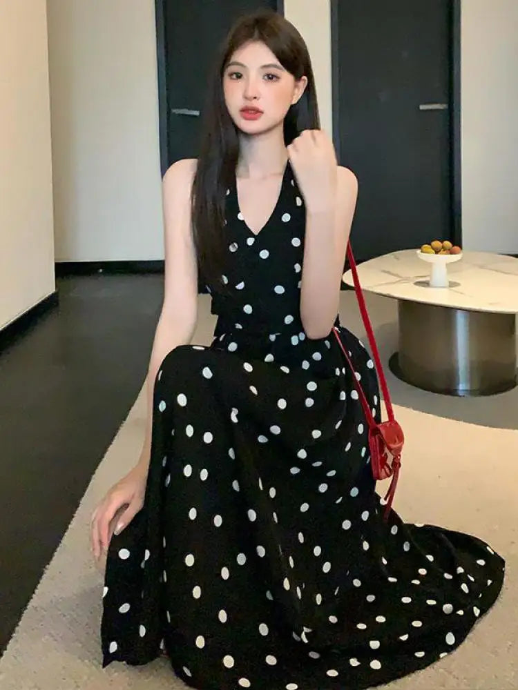 Black Dot Club Pleated Split Long Dresses Sleeveless Halter V Neck Bow Laceup Dress Summer Backless Party Sundress