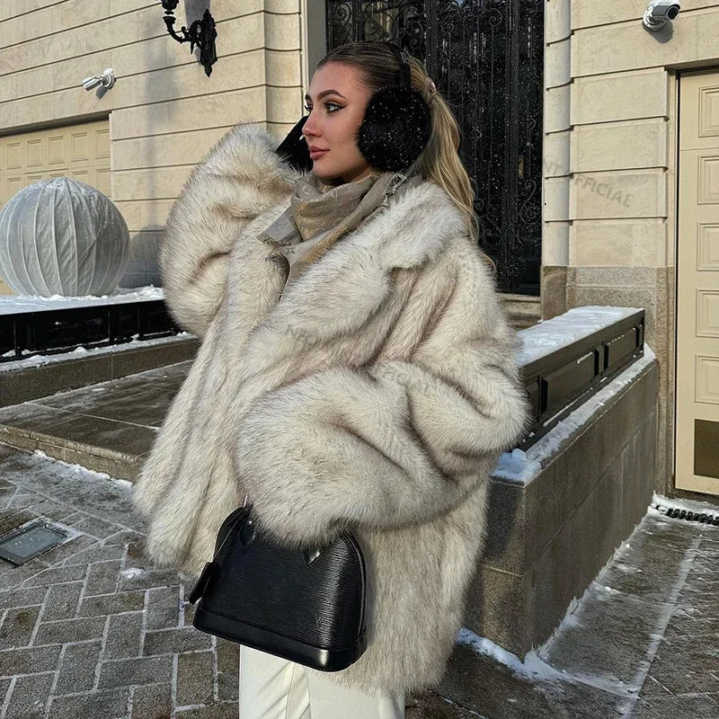 Winter Ins Hot Oversized Gradient Fur Coat Thick Warm Outerwear Fluffy Faux Fox Fur Jacket