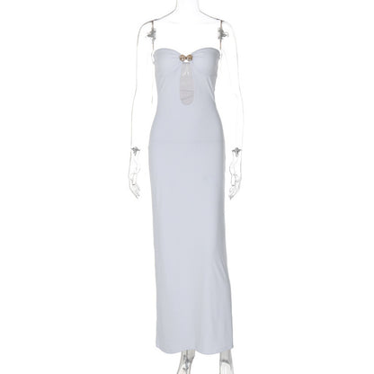 Metal Button Strapless Backless Long Dress Hollow Out Off-shoulder Sleeveless Bodycon Party Midi Dress