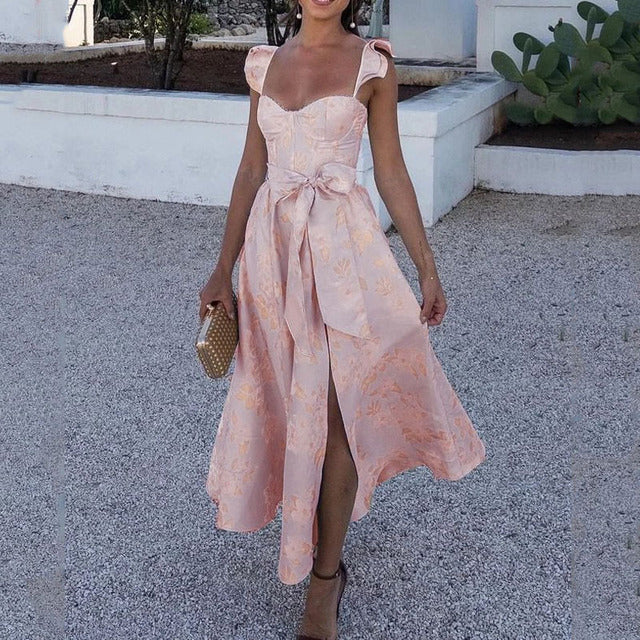 Flowers Print Sleeveless Long Dresses Low Cut Backless Bowknot Leace-up Slit Dress Temperament Lady Vestidos New