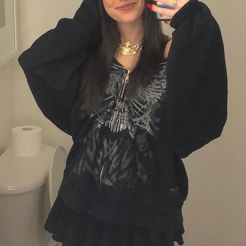 Dark Personality Printed Hoodie Female American New Black Hooded Zipper Coat Loose Top