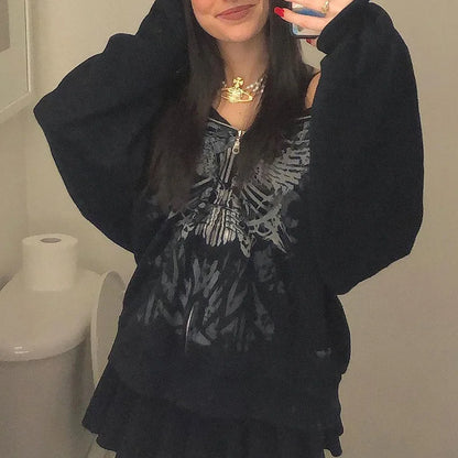Dark Personality Printed Hoodie Female American New Black Hooded Zipper Coat Loose Top