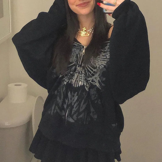 Dark Personality Printed Hoodie Female American New Black Hooded Zipper Coat Loose Top