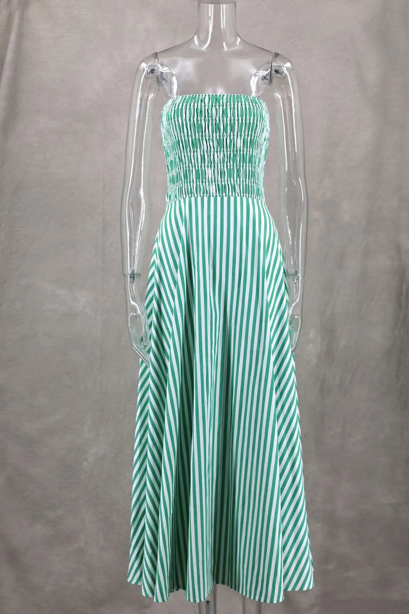 New Green Stripes Maxi Dress Tube Long Beach Dress Off Shoulder Backless Summer Bust Elastic Dresses