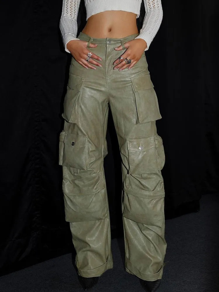 Loose Spliced Pockets Pant for High Waist Patchwoek Zippers Pu Leather Trousers Female Autumn Clothes
