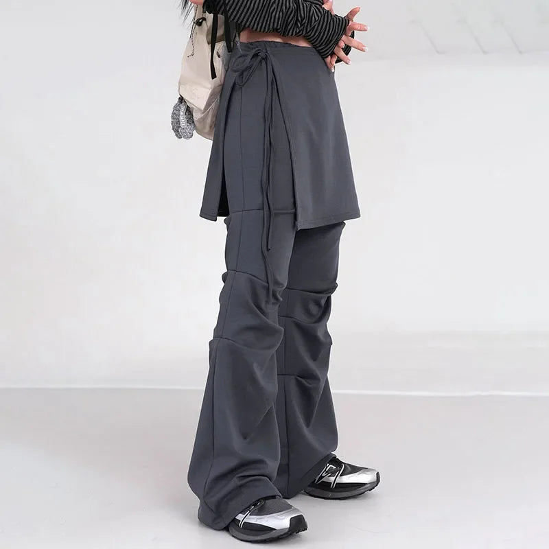 Retro Fake Two Piece Wideleg Pants Spring New High Street Drawstring Laceup Color Trousers