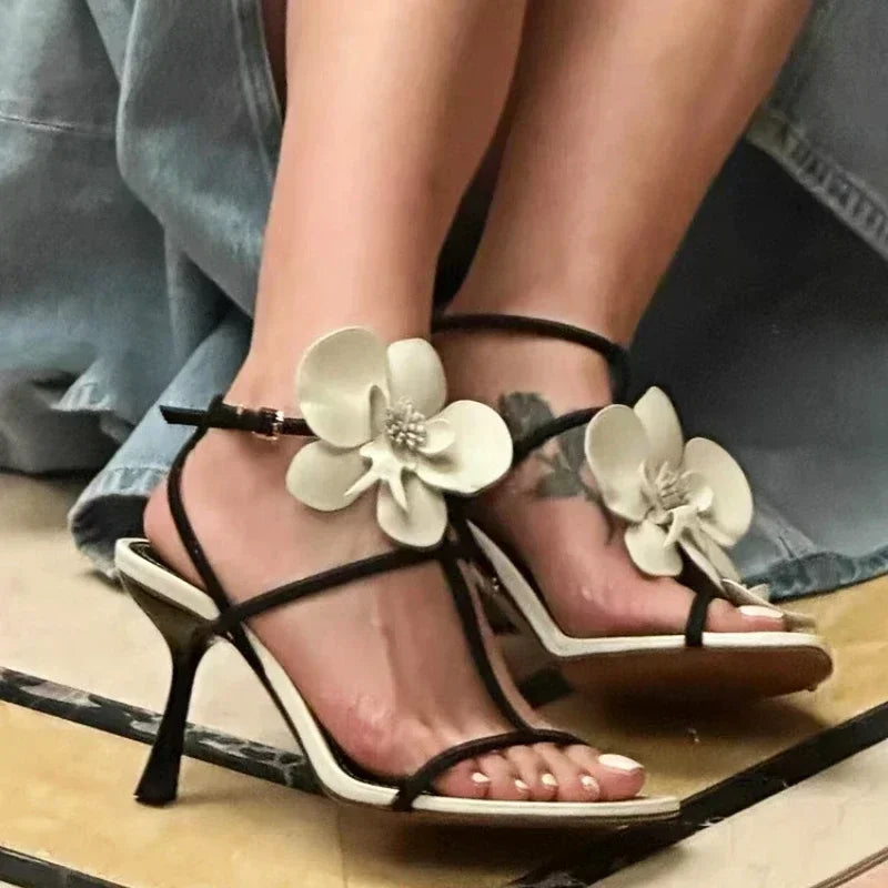 Flower Designer Heels Sandals Open Toe Narrow Band Slingback Shoes Ankle Strap Party Wedding Shoe Zapatos De Mujer