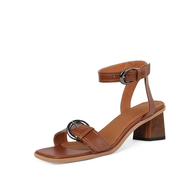 New Summer Shoes Square Toe Chunky Heel Sandals Cow Leather High Heels Band Shoes Black Shoes for