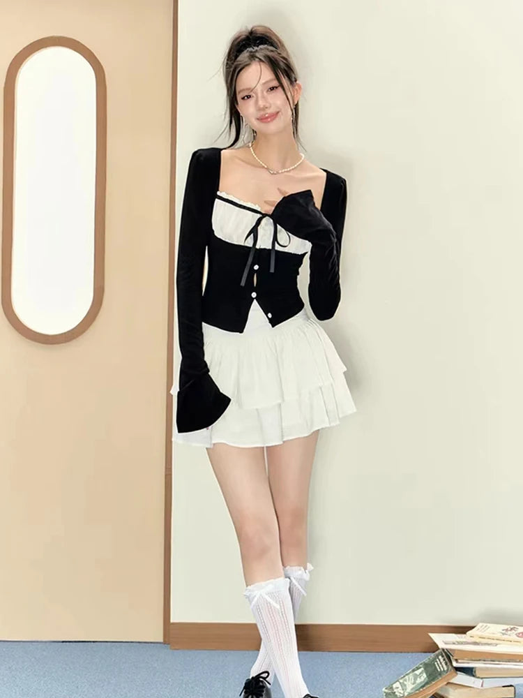 Korean Y2k Outfits 2 Piece Set Long Sleeve Square Collar Gyaru Tops + Tide Mini Tierred Ruffles Skirts