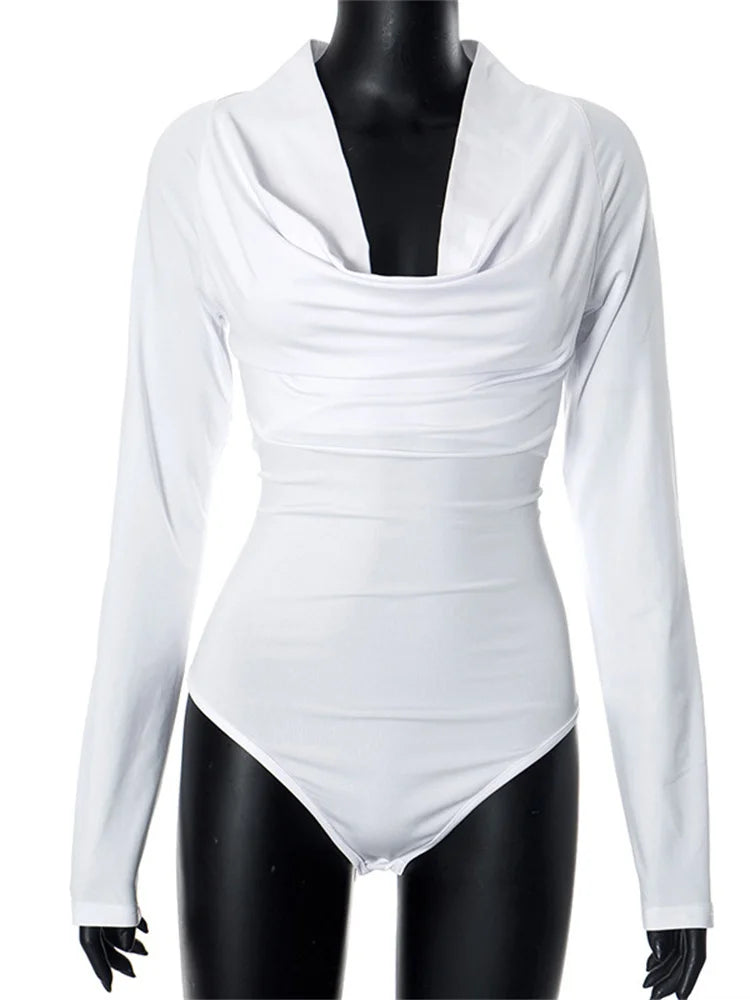 White V-neck Jumpsuit Skinny Long Sleeve Patchwork Top Clothes Female Bandage Rompers Bodysuits