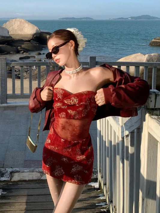 Print Mini Dress Patchwork Transparent Mesh Sheath Strapless Dress Red Party Club Birthday Dress New