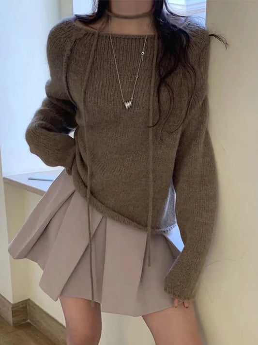 Knitted O-neck Sweaters Korean Loose Pullover Sweater With Thin Strip Female Autumn Street Base Knitwear