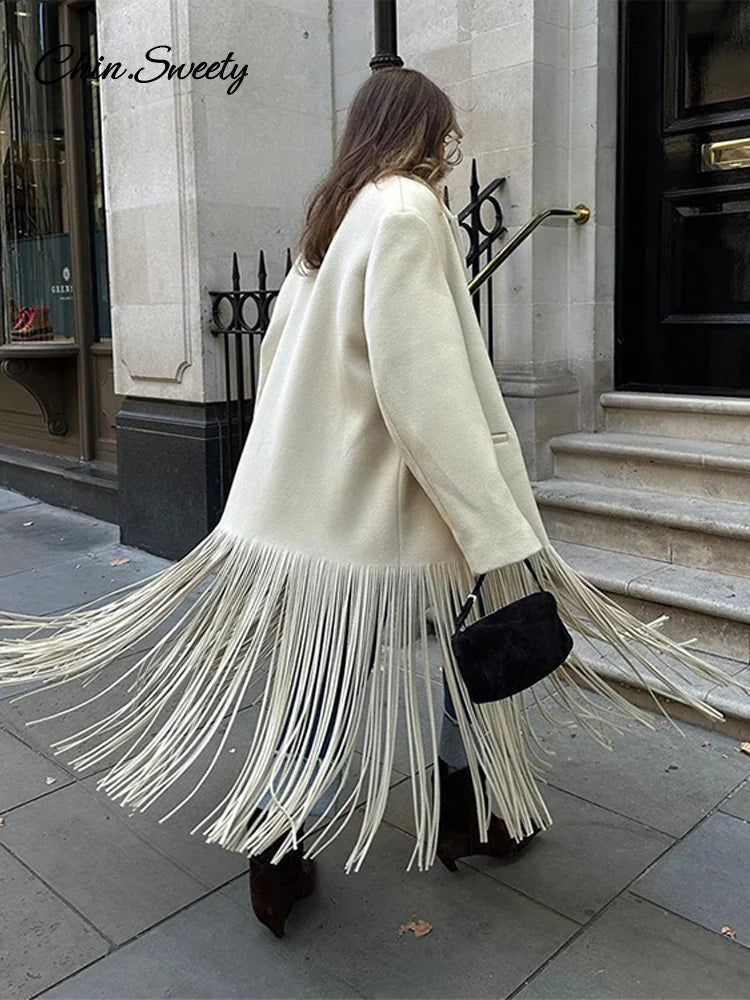 Woolen Tassel Long Coat Brown Single Breasted Long Sleeve Lapel Loose Jacket Spring High Street Outerwear