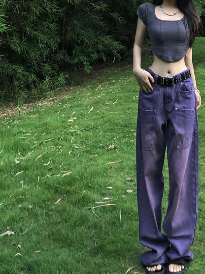 Woman Aesthetics Jeans American Style Denim Gyaru Pants High Street Tide Floorlength Wide Leg Straight Leg Tiedyed