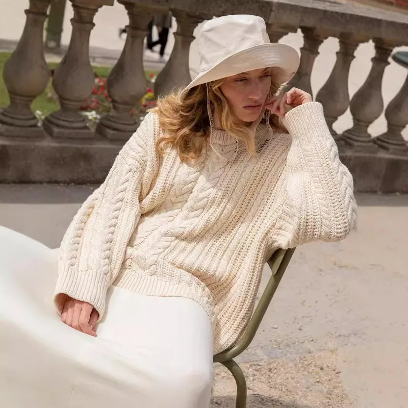 Loose Sweater Autumn Oneck Twist Sweater Color Long Sleeve Pullover Knitted Sweater Street