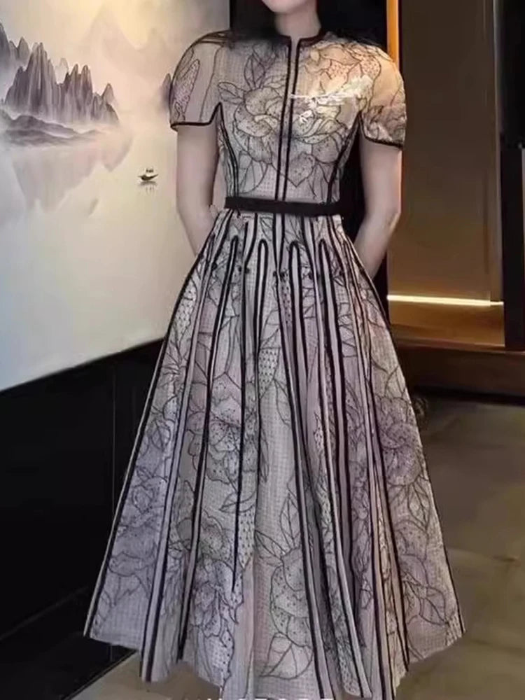 Party Dress O Neck Short Sleeve Lace Mesh Embroidery Long Dresses for Spring Summer 8980