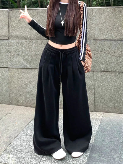 Gray High Waist Wide Sweatpants American Retro Y2k Harajuku Hip Hop Oversized Sports Pants Autumn