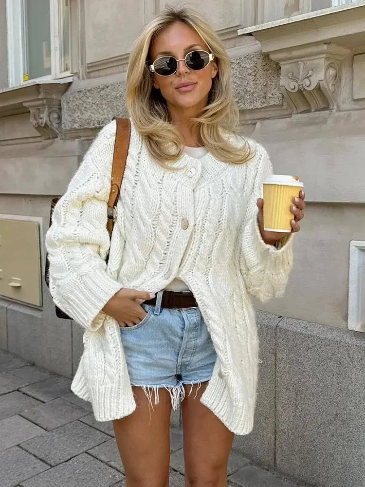 Beige Twist Knitted Cardigan Sweater Buttons Autumn Winter Loose Long Cardigans New Female Sueter Mujer
