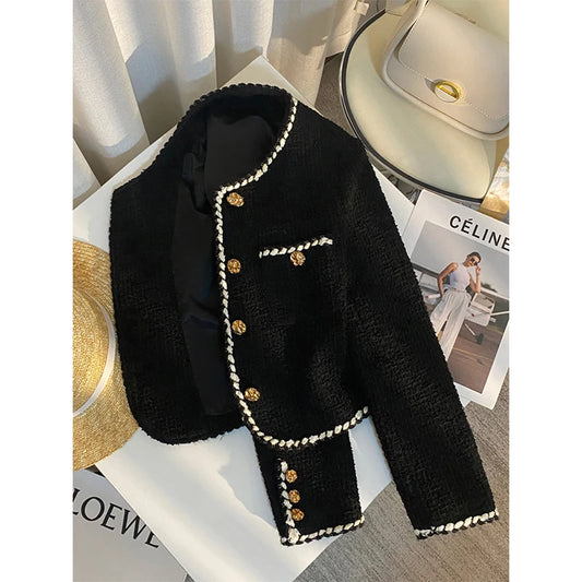 Tweed Jacket Cropped Quilted Coat Commute Black Blazer Winter Korean Short Outerwear Tops New
