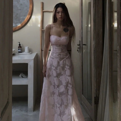 Sweet Hot Girl Pure Vacation Strap Dress Summer Slim Laceup Aline Transparent Long Dress Female Clothes