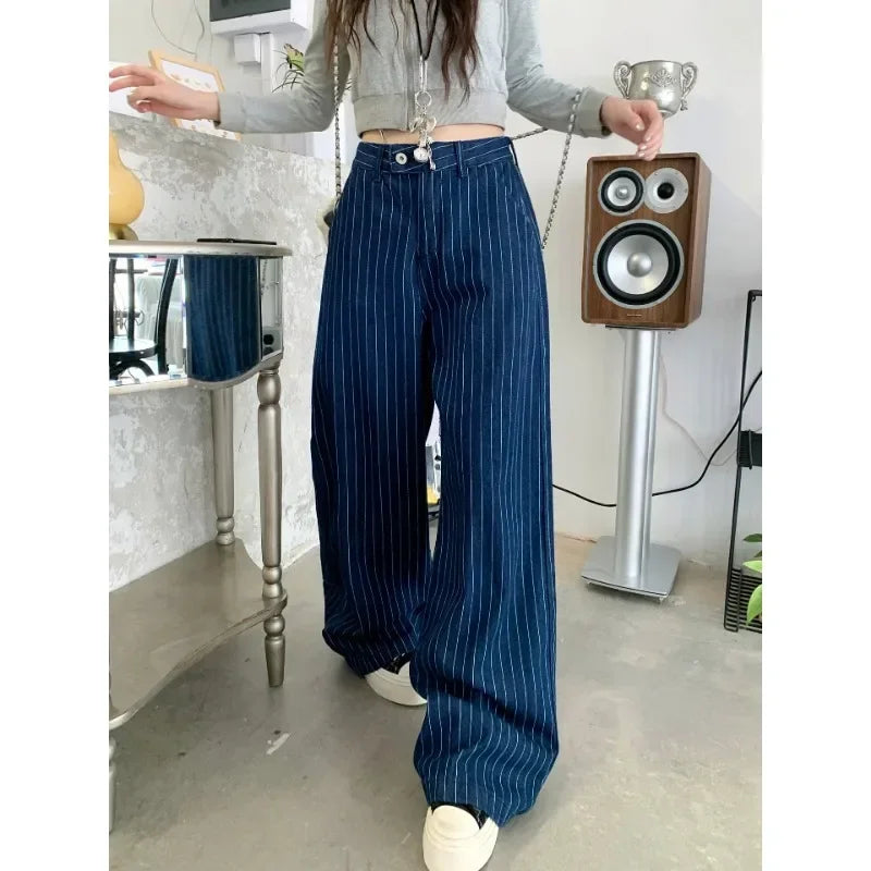 Contrast Color Striped Jeans Autumn New American High Waist Loose Allmatch Denim Wide Leg Pants